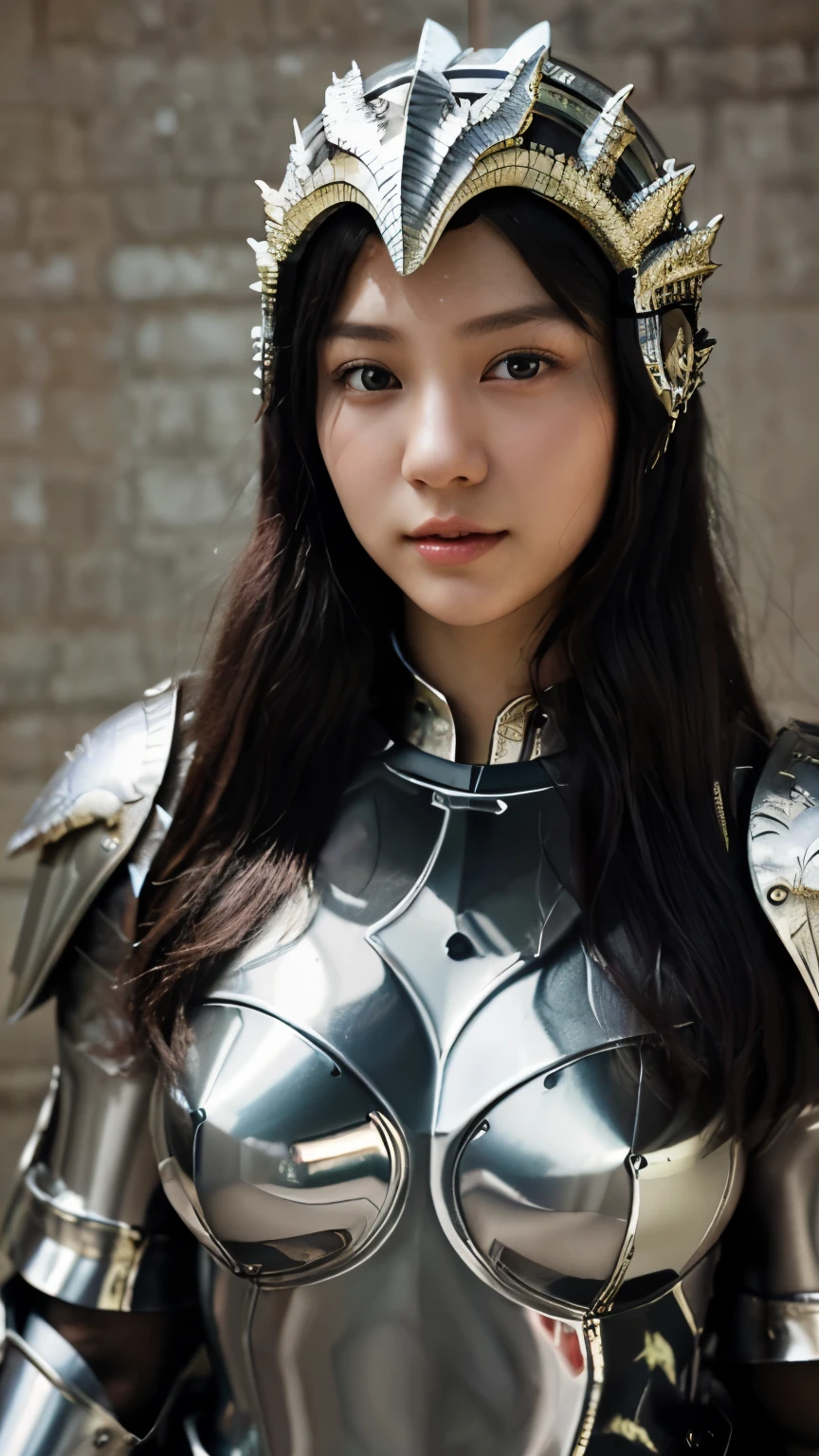 最high quality、high quality、best image quality、8K、最High resolution、High resolution、最high quality、masterpiece、RAW photo、whole photo、fantasy atmosphere、(detailed face)、(fine hands、thumb1reference4)、(beauty of japan )、very nice face、beautiful face、((beautiful japanese girl))、(japanese woman), ((18 year old beautiful girl))、(glossy black hair)、(long straight hair)、whole body、slim style、(shiny skin)、(Fair skin)、realistic human skin、realistic human body structure、perfect body, perfect face, perfect hands, perfect fingers, perfect lips, perfect eyes,perfect teeth、perfect background round, beautiful skin,looking at camera、soft natural light、Interior of a medieval European-style Western-style building、Interior decorated with artwork from the 1690s、 Interior of a 1600s mansion、Classic Bedroom、complex room、Classic interior、(metal that reflects light)、(mirror metal)、(mirror painted metal)、((mirror metallic(metal dragon armor))、((mirror metallic(metal dragon helmet))