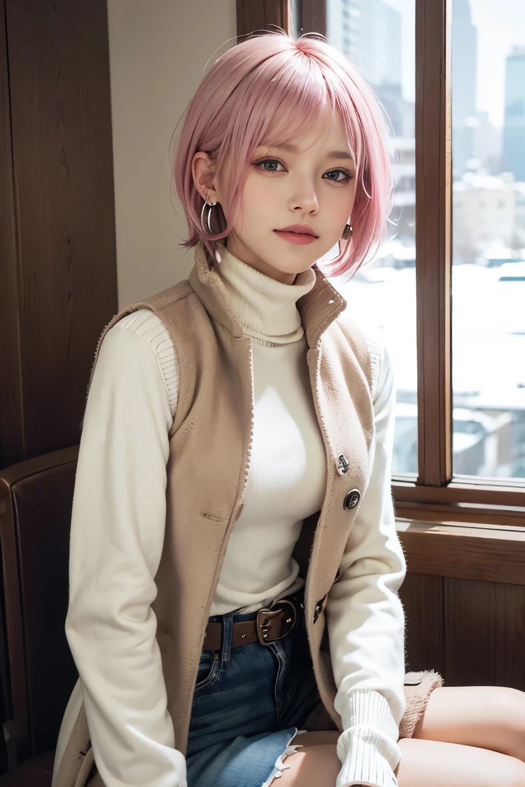 (8K, top-quality, masterpiece:1,2), (reallistic, Photorealsitic:1.37), Super Detail, One girl,), (Highly detailed), (beautifully detailed eyes), (of the highest quality), (super detailed ), (masterpiece), (Detailed face),20yr old, ,1 girl, ((pink hair:1.5,Very short hair)), medium breasts, clothed, Perfect Lighting, BREAK (beige long coat:1.3), (white turtleneck knit:1.4), (black vest:1.3), (denim skinny jeans:1.2), (fluffy upper body, slim lower body:1.4), (coat belt:1.2), (vest button:1.2), (gray knee-high socks:1.2), (brown leather boots:1.3), (silver earrings:1.2), (silver necklace:1.2), BREAK ((pink hair:1.5,Very short hair)), bangs to the right, smiling, looking at the camera, right hand holding coat belt, left hand touching vest button, upper body to knee, beige long coat, white turtleneck knit, black vest, denim skinny jeans, fluffy upper body, slim lower body, coat belt, vest button, gray knee-high socks, brown leather boots, silver earrings, silver necklace, snowy cityscape background, blurred, orange sunset light from right side
