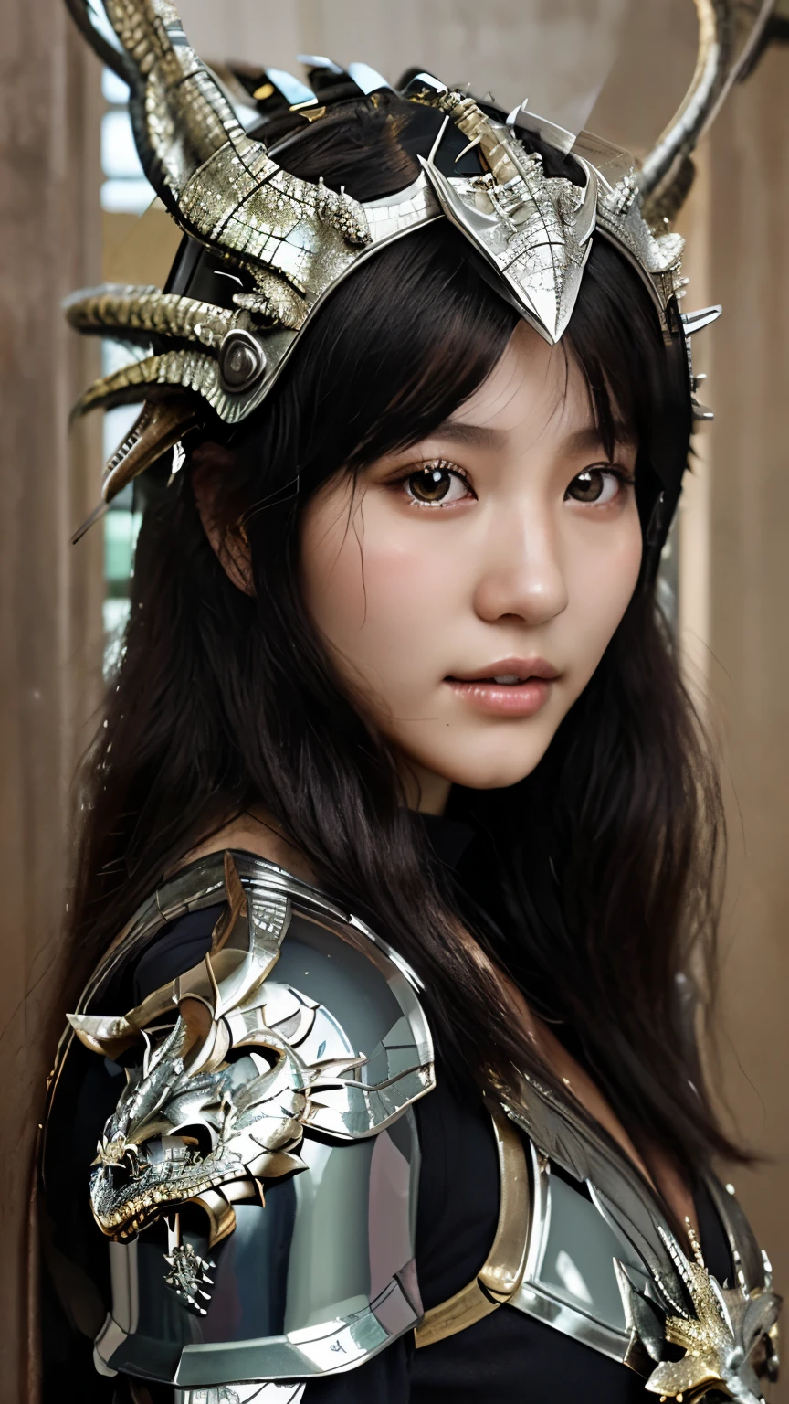 最high quality、high quality、best image quality、8K、最High resolution、High resolution、最high quality、masterpiece、RAW photo、whole photo、fantasy atmosphere、(detailed face)、(fine hands、thumb１reference４)、(beauty of japan )、very nice face、beautiful face、((beautiful japanese girl))、(japanese woman), ((18 year old beautiful girl))、(glossy black hair)、(long straight hair)、whole body、slim style、(shiny skin)、(Fair skin)、realistic human skin、realistic human body structure、perfect body， perfect face， perfect hands， perfect fingers， perfect lips， perfect eyes，perfect teeth、perfect background round， beautiful skin，looking at camera、soft natural light、Interior of a medieval European-style Western-style building、Interior decorated with artwork from the 1690s、 Interior of a 1600s mansion、Classic Bedroom、complex room、Classic interior、(metal that reflects light)、(mirror metal)、(mirror painted metal)、((mirror metallic(metal dragon armor))、((mirror metallic(metal dragon helmet))