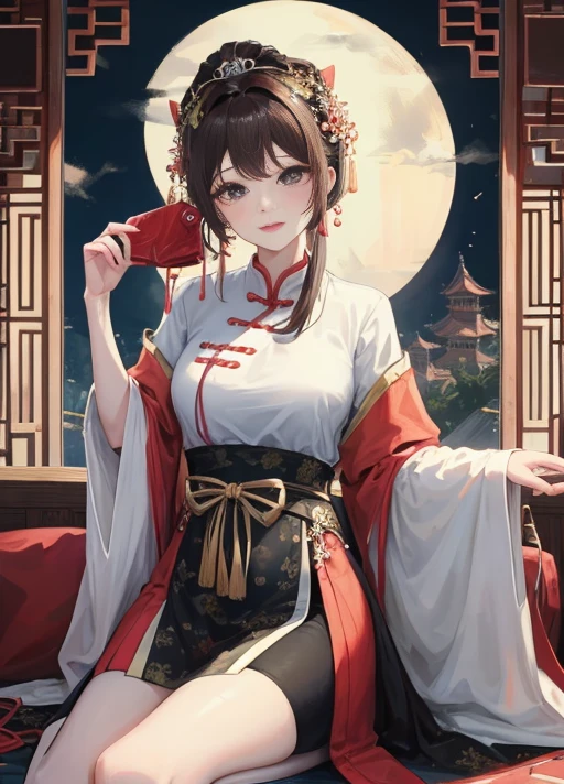 masterpiece, best quality, married woman, aldult, Chinese style, China, elder sister, Smile, brown hair, princess cut, Single fritter braid,Black tights,Full of motherhood,传统China服装,pure,blush,Dignified yet lively,Mother,Put your hand on your belly,thin lips