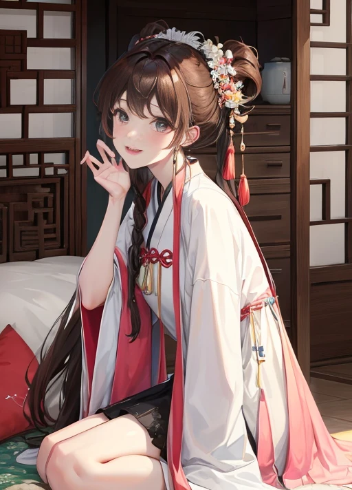 masterpiece, best quality, married woman, aldult, Chinese style, China, elder sister, Smile, brown hair, princess cut, Single fritter braid,Black tights,Full of motherhood,传统China服装,pure,blush,Dignified yet lively,Mother,Put your hand on your belly,thin lips