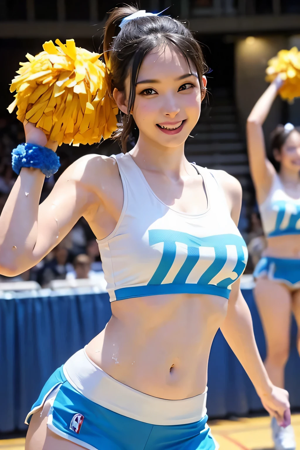 (((Draw only one woman：2)))、((Cheerleaders dancing at the basketball venue:1.5))、((She wears an elaborately designed cheerleader costume.：1.8))、beautiful  woman、((1 screen))、8K、RAW shot、highest quality photos、masterpiece、nice realistic pictures、(( anatomically correct proportions : 1.5))、((perfect proportions))、((A cute woman who looks like a beautiful Japanese idol))、((small head))、detailed face、detailed eyes、narrow nose、(detailed fingers: 1.2)、detailed arms、detailed skin、detailed legs、(slim style)、((thin waist))、(Medium udder)、(Cheerleader costume with elaborate tank top design:1.5)、(sweaty body:1.2)、(sweaty hair:1.2)、(Cheerleader costume with bold design that shines when wet:1.3)、(Holding pom-poms in both hands:1.5)、(dance with a happy smile:1.2)