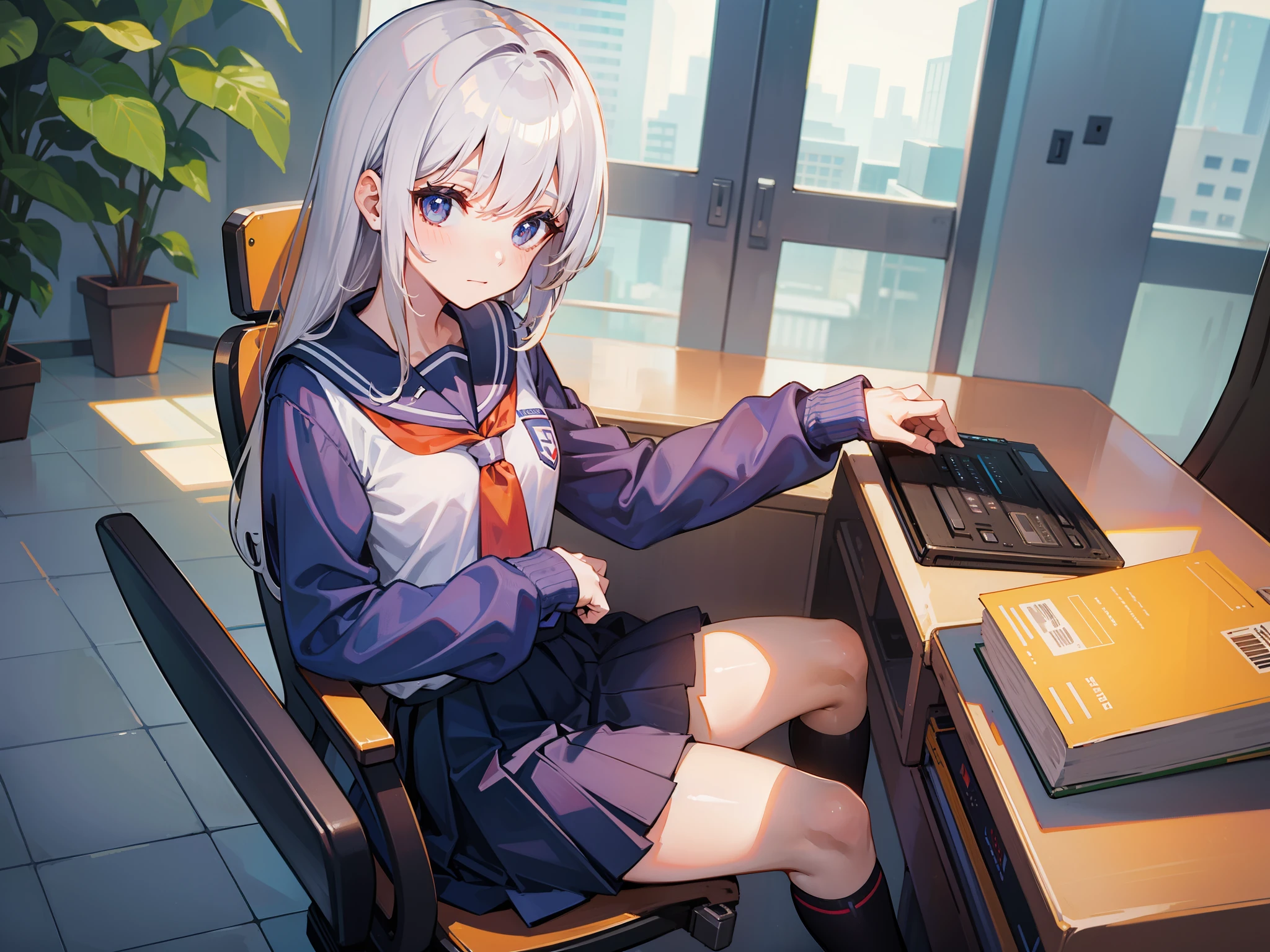 1 school girl sitting in robot