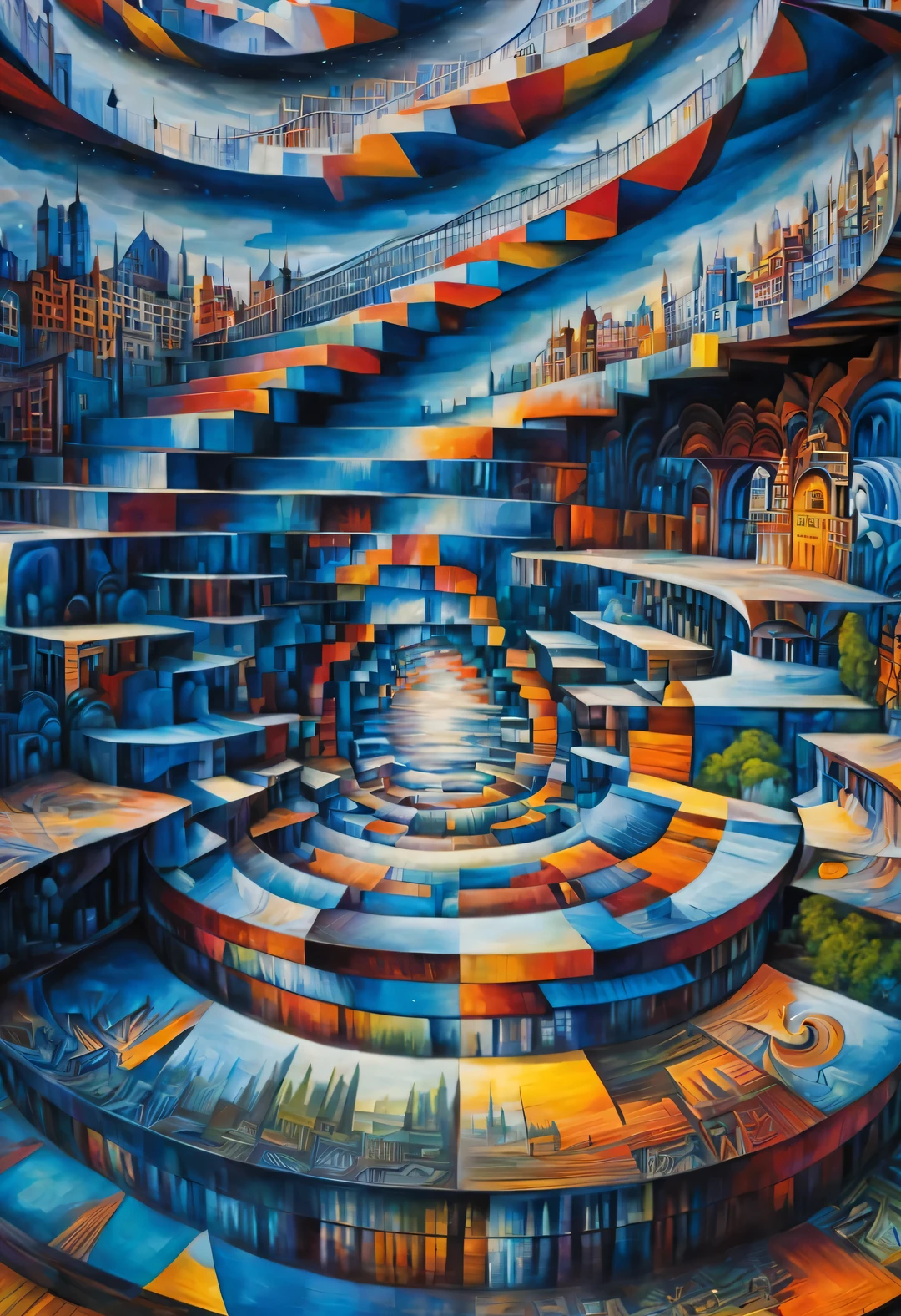 (Visual illusion), Inception, Vision within a kaleidoscope, A painting of a man walking up a wooden staircase, A huge man\s face, a repeating or spiral shape that moves or changes, or perspective-distorted images that distort depth and spatial perception, These images appear to be moving, straight lines are curved, Colorful geometric design, bright colors, Inspired by Tomek Setovsky, psychedelic architecture, Energetic、colorful killian, penrose stairs, Flat Surrealism, Biomorphic Temple, Paul Lehr and Mi Chong, master of abstract surrealism, double contact,,author：John Pawson,Frank Gehry,Kengo Kuma,author：Bjarke Ingels,author：Peter Zumthor,Very detailed, best quality, high resolution, masterpiece, hyper-realistic,
