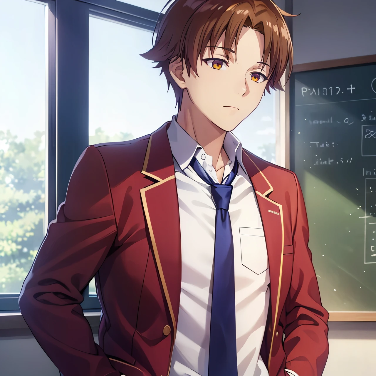 1boy, kiyotaka ayanokoji, brown eyes, white shirt, red blazer, blue necktie, green pants, hand in pocket, photography, hdr, classroom, chalkboard, 