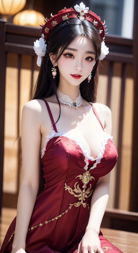 ung empress wearing red lace top, deep-breasted nightgown, Chinese-style clothes, ancient costumes with many phoenix patterns, flawless white and pink face, crown on her head, black hair hip length, very beautiful and sharp brown eyes, small red lips, painted lips, charming smile, jewelry worn around the neck, earrings, white and even teeth, high nose, big round breasts, elongated legs, thin mesh black socks, portrait, most realistic, highest quality, best pixels, 8k ultra,(Full Body),(cute face:1.15),(huge breasts:1.2)high-heels,big hips, medium thighs,