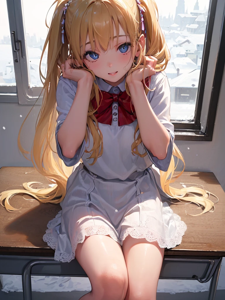 photo realistic, (masterpiece,best quality:1.4),(8k,raw photo,photo realistic:1.2),Not Safe for Work, detailed skin,detailed face,1girl,Japanese princess, cute face, super resolution,retro realistic details Illustration,,{{{elaborate, intricately,fantastic,delicately,tremendous,meticulous,minute,incredibly,obsessed,artisan's,subtle,virtuoso,skillful,vibrant, vivid, complex}}}, clearly focus edge, fresh natural gradation, best quality, amazing quality, very aesthetic, absurdres, (((face focus))), (head rest), ((one girl sitting in her room gaze out the window on snow day)), nostalgic,
(((Winter ))), (a teenage girl:1.3),-yo, (medium breasts:1.25),light smile,(tilted head:2.0),(both elbows on the school desk:1.6),(put chin on own both hands:1.6),(wearing white school shirt:1.1),(looking at viewer:1.5),(closeup to viewer:1.5), medium bob, (blonde hair), ((wavy hair)), shimmering eyes, Blue eyes, long hair, , beautiful hands, neck ribbon, batwinkle in the eye, braided bangs,
((bedroom)), ((pastelcolour)), imagination, (((snow day))),