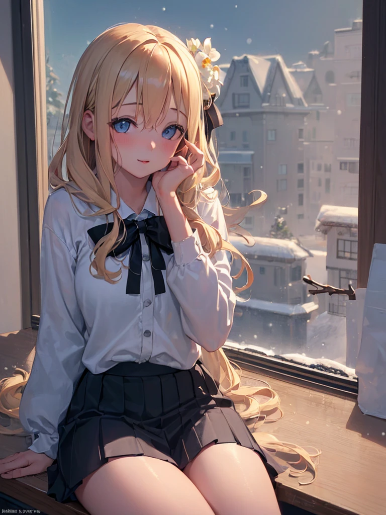 photo realistic, (masterpiece,best quality:1.4),(8k,raw photo,photo realistic:1.2),Not Safe for Work, detailed skin,detailed face,1girl,Japanese princess, cute face, super resolution,retro realistic details Illustration,,{{{elaborate, intricately,fantastic,delicately,tremendous,meticulous,minute,incredibly,obsessed,artisan's,subtle,virtuoso,skillful,vibrant, vivid, complex}}}, clearly focus edge, fresh natural gradation, best quality, amazing quality, very aesthetic, absurdres, (((face focus))), (head rest), ((one girl sitting in her room gaze out the window on snow day)), nostalgic,
(((Winter ))), (a teenage girl:1.3),14-yo, (medium breasts:1.25),light smile,(tilted head:2.0),(both elbows on the school desk:1.6),(put chin on own both hands:1.6),(wearing white school shirt:1.1),(looking at viewer:1.5),(closeup to viewer:1.5), medium bob,  (blonde hair), ((wavy hair)), shimmering eyes, Blue eyes, long hair, , beautiful hands, neck ribbon, baby face, twinkle in the eye, braided bangs, 
((bedroom)), ((pastelcolour)), imagination, (((snow day))),