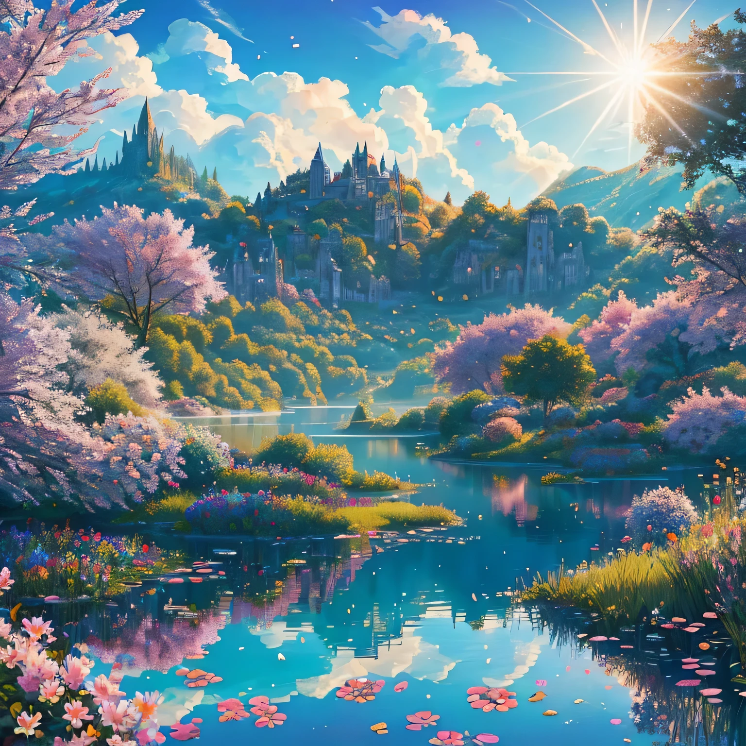artstation style illustration, dark fantasy landscape, flower petals, lake, hedge in background, reflections, ruins, best quality, masterpiece, lens flare , high contrast, saturated colors, Style-Glorious