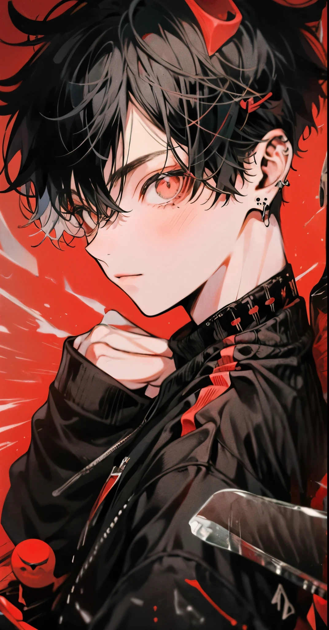black short hair,red eye,1 cool boy,face forward,black clothes