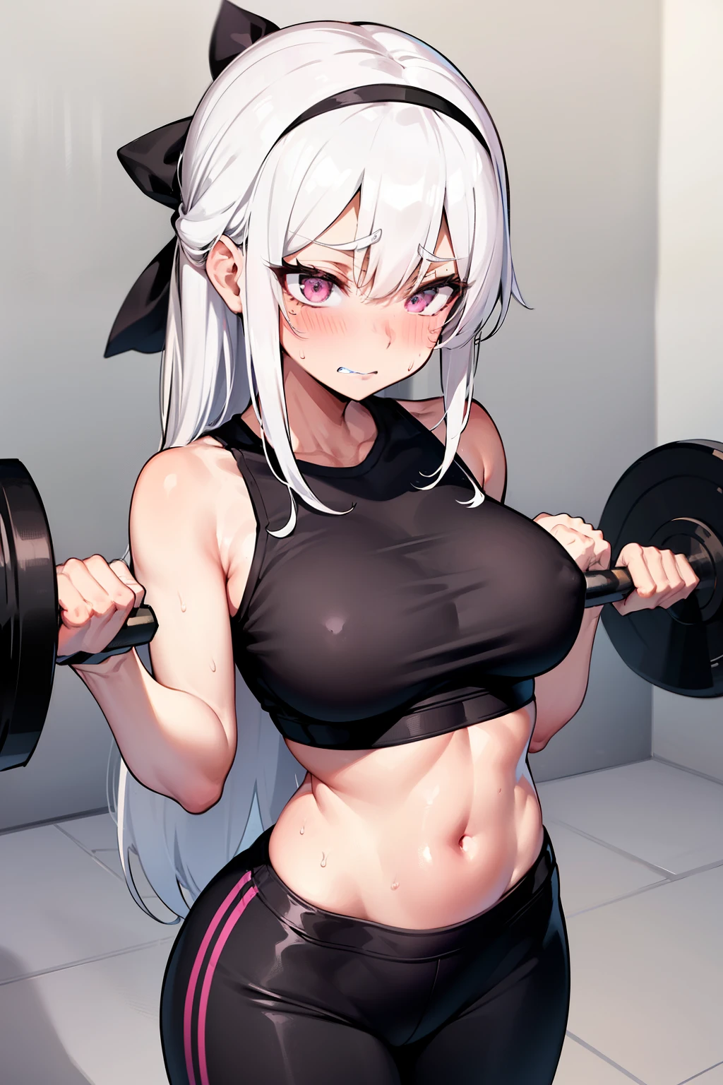 gym, Exercise, workout, hot, sweating, sweaty, big , raise, yogapants, black yogapants flustered, blush, black clothing, browse, White hair, long hair, yogapants, pink headband , sexy body, slender body, raise, heavy raise, trying to lift heavy weights, clenched teeth, heavy raise, White hair,