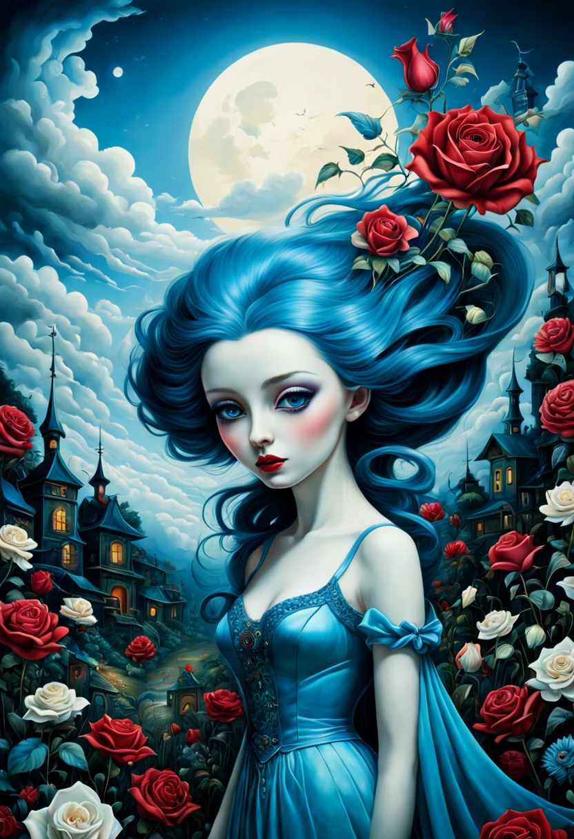 benjamin lacombe, Anne Sultan, Andy Keeho, Kincaid and Kandinsky, Ghost town full of ghosts, beautiful eyes, Magical land, night, rose and wildflower garden, high detail, Complicated, beautiful sky, Volumetric light, 8k, Mute Color, Vibrant triadic colors, bright and crisp, aldorf guard blue, barbados blue, Sensitivity, Rhapsody in blue and bleached silk, Popular topics on Artstation, sharp focus, Studio photos, intricate details, Very detailed, author：Mark Leyden, Popular topics on Artstation, sharp focus, Studio photos, intricate details, Very detailed, （（（author：Mark Leyden）））