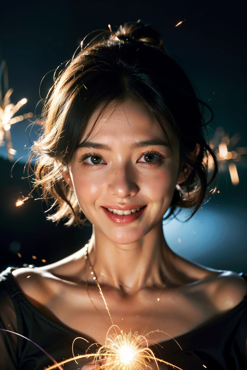 1 girl, short hair,Smile, iris, dramatic angle, space, (Colorful sparks floating:1.3), dramatic lighting, chiaroscuro, evoke depth