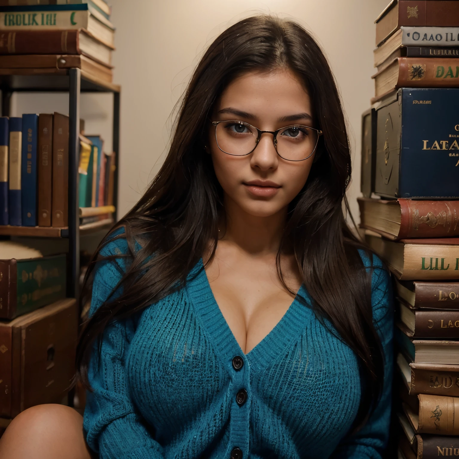 (brazilian,20 years old,Alessandra Lopez), blue eyes,dark long brown hair, full lips, seductive,portrait,realistic,highres,(vivid colors:1.1),(ultra-detailed:1.2),(studio lighting:1.1),(sharp focus:1.1), sexy, Studious look in glasses, surrounded by books, wearing a cozy cardigan.