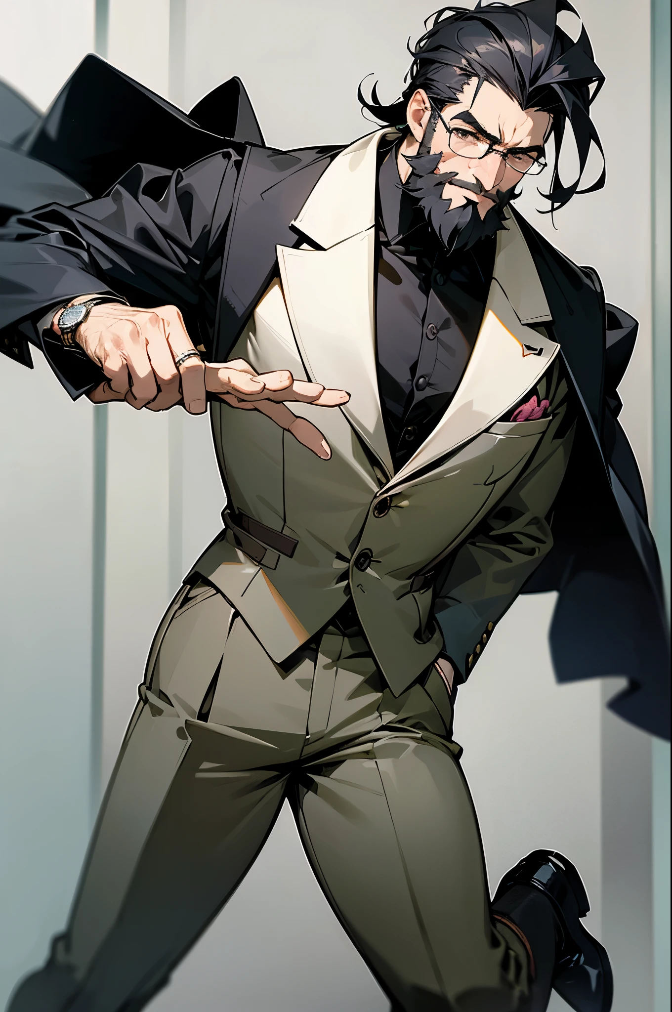The gentleman is wearing trendy glasses and a hairstyle that matches current fashion trends, featuring neatly groomed black hair. His beard is trimmed in an orderly fashion. His attire is sophisticated and tailored to his physique, complemented with elegant accessories such as a quality watch and rings. His shoes are elegant and incorporate contemporary designs. The elderly man's expression is positive and youthful, exuding confidence in his posture. He appears to be situated in an urban landscape or amidst chic interior decor.