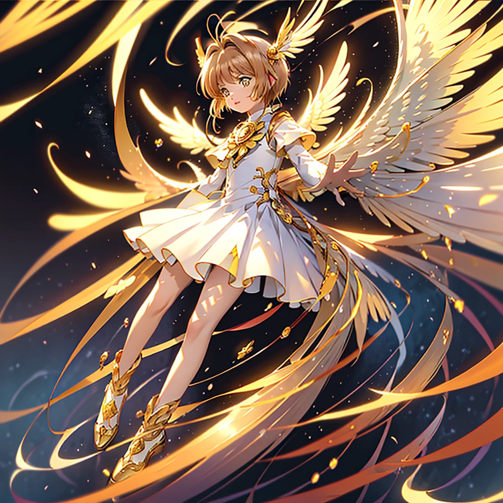 realistic, (masterpiece, excellent quality, highest quality, official art, beautiful and aesthetic: 1.2),(flight:1.4) very detailed, fractal art, colorful, more detailed, (abstract background: 1.5) (1 girl: 1.3), light brown hair, bright eyes, Hilarious, Hairstyle back, short hair, , milky way, Giant magic golden Sagittarius astrolabe, dream, fantasy, Golden trim, beautiful and detailed sky, Style and decoration, Female-only room,  (Sakura Cardcaptor)