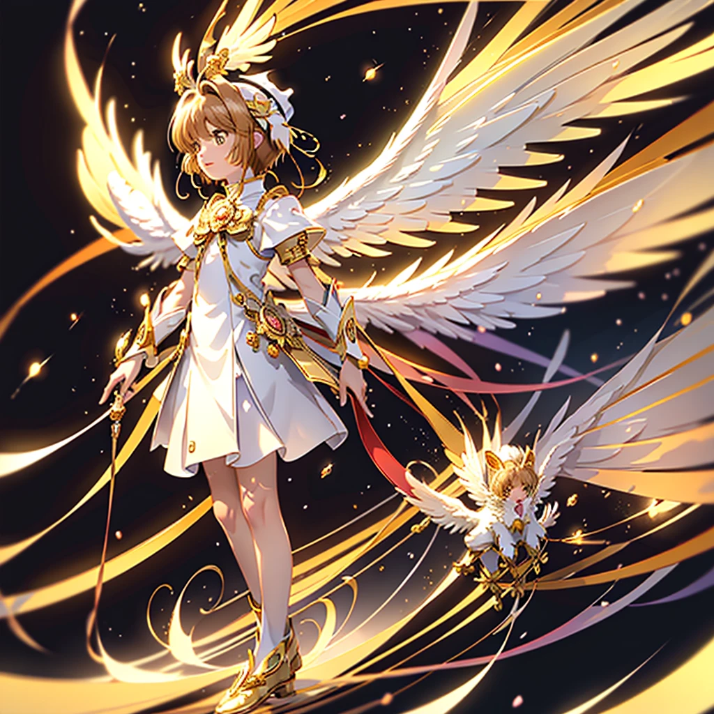 realistic, (masterpiece, excellent quality, highest quality, official art, beautiful and aesthetic: 1.2),(flight:1.4) very detailed, fractal art, colorful, more detailed, (abstract background: 1.5) (1 girl: 1.3), light brown hair, bright eyes, Hilarious, Hairstyle back, short hair, , milky way, Giant magic golden Sagittarius astrolabe, dream, fantasy, Golden trim, beautiful and detailed sky, Style and decoration, Female-only room,  (Sakura Cardcaptor)