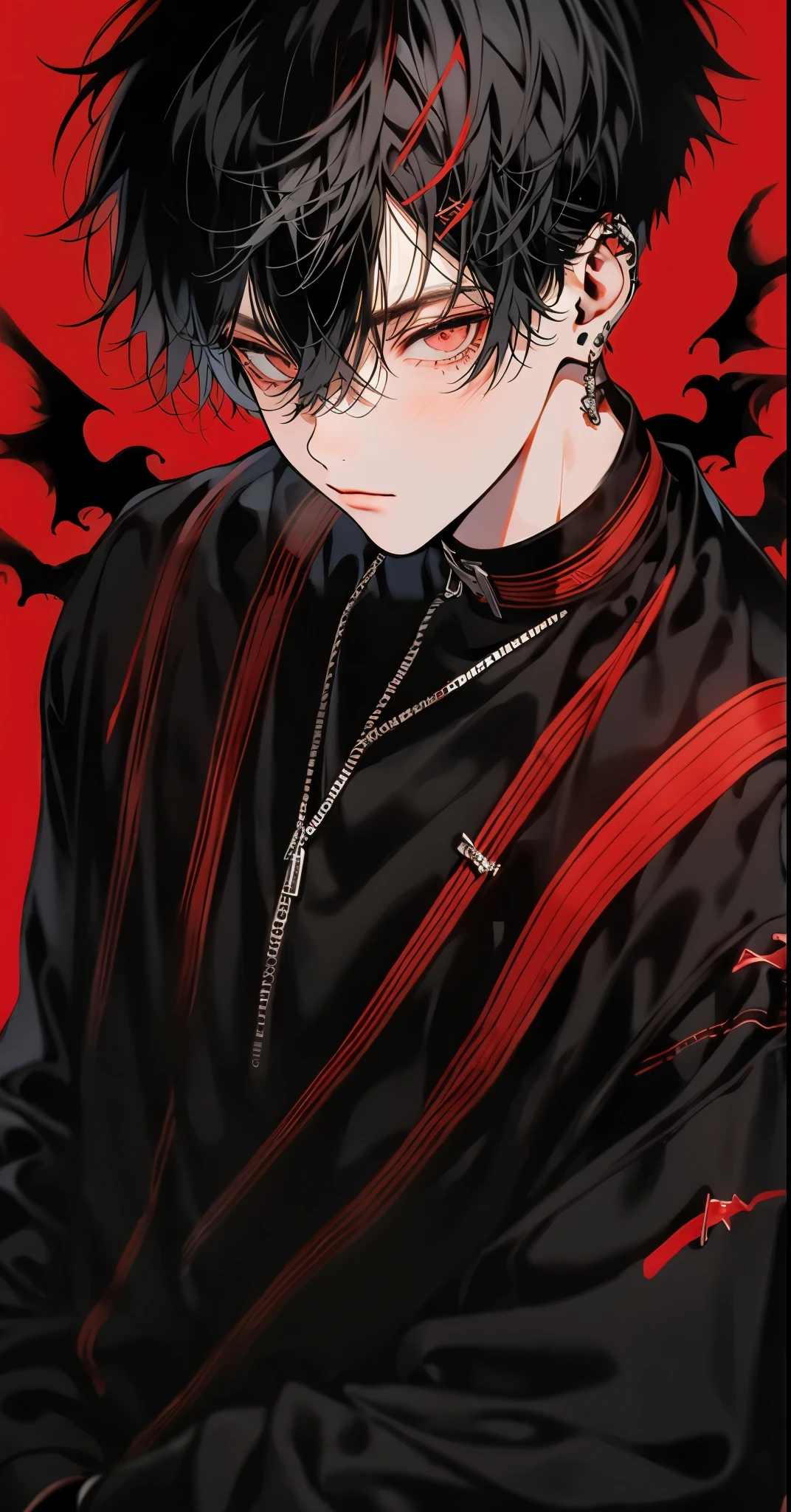 black short hair,red eye,1 cool boy,black clothes