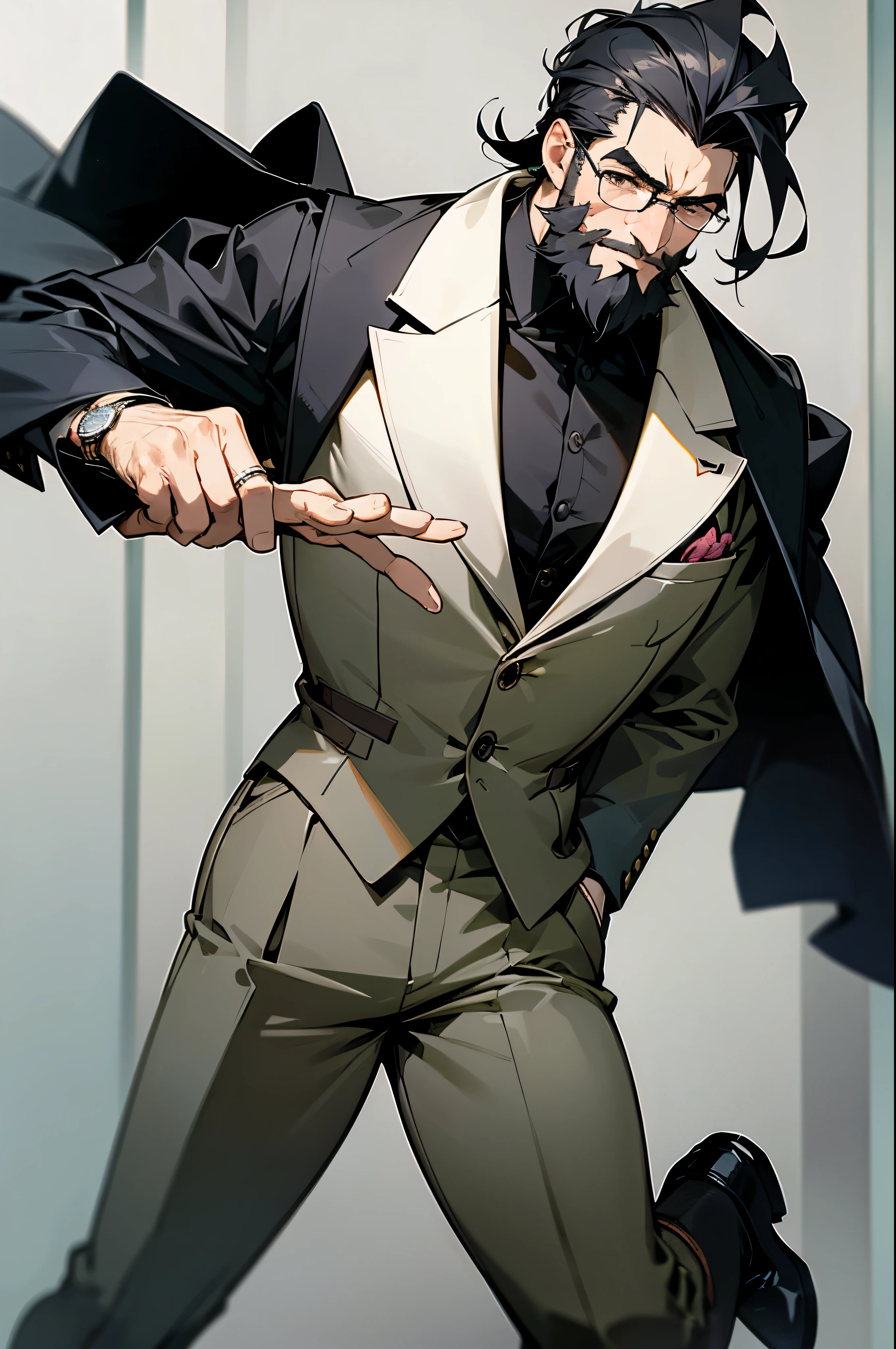 The gentleman is wearing trendy glasses and a hairstyle that matches current fashion trends, featuring neatly groomed black hair. His beard is trimmed in an orderly fashion. His attire is sophisticated and tailored to his physique, complemented with elegant accessories such as a quality watch and rings. His shoes are elegant and incorporate contemporary designs. The elderly man's expression is positive and youthful, exuding confidence in his posture. He appears to be situated in an urban landscape or amidst chic interior decor.