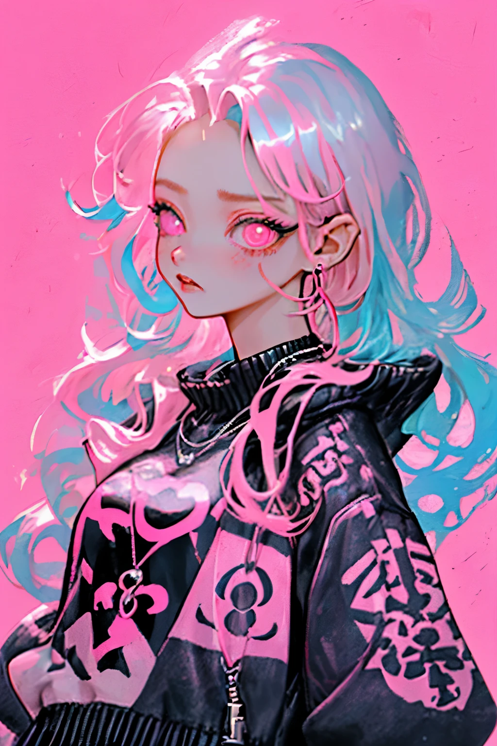 Niji Style, 1girl, solo, long hair, looking at viewer, eye glowing background, jewelry, closed mouth, jacket, upper body, pink hair, earrings, pink eyes, necklace, from side, sweater, lips, eyelashes, makeup, wavy hair, piercing, cross, lipstick, ear piercing, eyeshadow, hoop earrings, pink lips, multicolored eyes, pink theme, , pink eyeshadow, tattoos