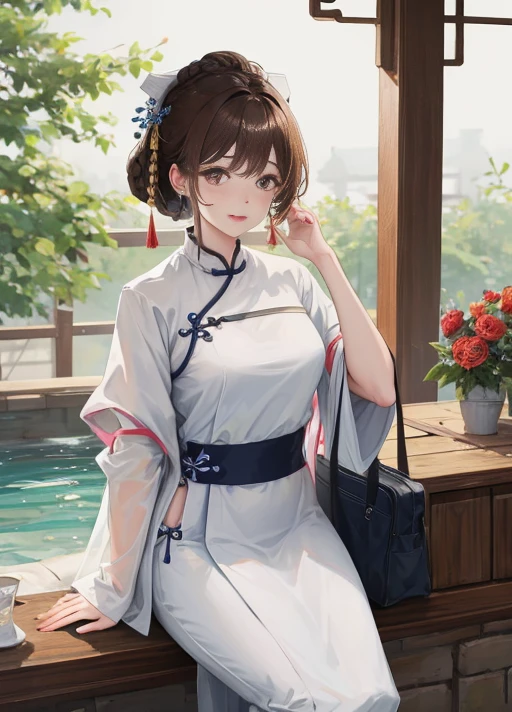 masterpiece, best quality, married woman， aldult, Chinese style, China, elder sister,  Smile, brown hair, princess cut, Single fritter braid，white pantyhose，Full of motherhood，传统China服装，pure，blush，Dignified yet lively，Mother，Put your hand on your belly，thin lips