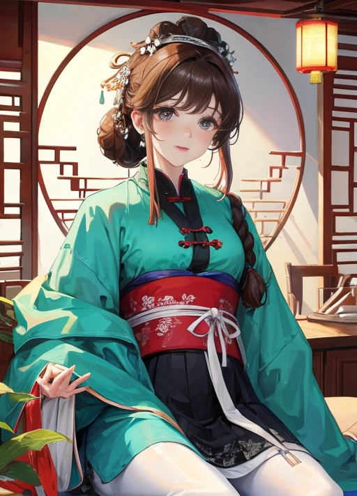 masterpiece, best quality, married woman, aldult, Chinese style, China, elder sister, Smile, brown hair, princess cut, Single fritter braid,white pantyhose,Full of motherhood,传统China服装,pure,blush,Dignified yet lively,Mother,Put your hand on your belly,thin lips