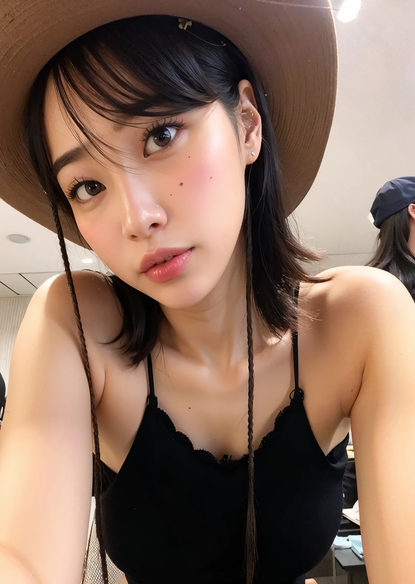 araffe woman wearing a hat and a black top, shikamimi, sun yunjoo, with straw hat, ulzzang, she has black hair with bangs, chiho, with cute - fine - face, heonhwa choe, girl cute-fine-face, 奈良美智, xintong chen , Lesserafim Chaewon
