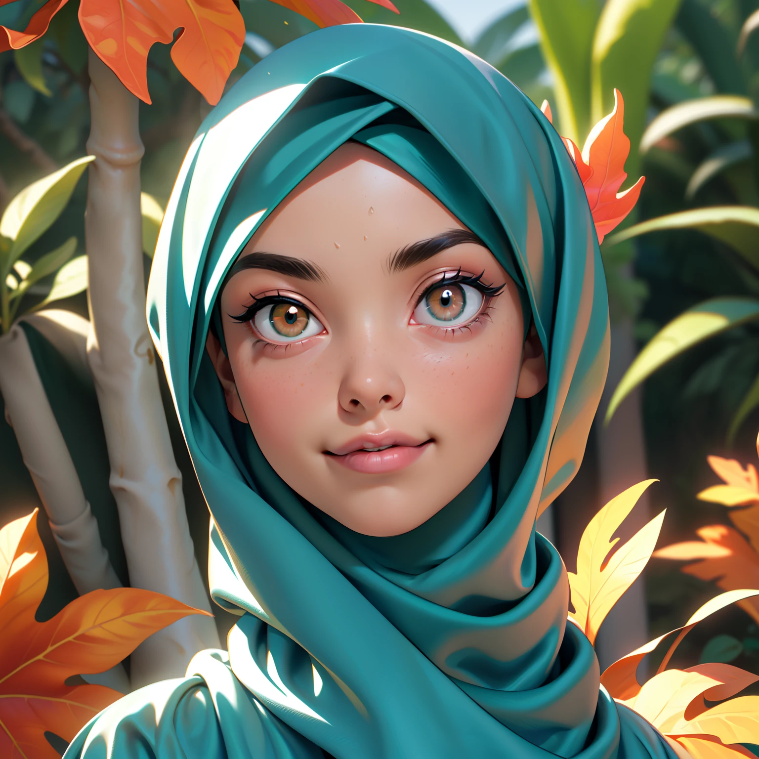 3dmm style, ((Masterpiece, best quality, photography, detailed skin, realistic, photo-realistic, 3D Character Design, pixar, real cartoon, High detail RAW colour art, diffused soft lighting, shallow depth of field, sharp focus, hyperrealism, cinematic lighting)), ((close up)) view, a Turkish lady, beautifully makeup, eyeshadow, Parted Lips, Detailed Eyes, ((Big brown eyes)), long eye lashes, dimples on the cheeks, smile, wearing ((Teal satin hijab)), loosely tide hijab style, ((gray satin shirt and satin long skirt)), (Half-body portrait), Front view, Symmetric Centre, facing the viewer, walking on trails, autumn garden.