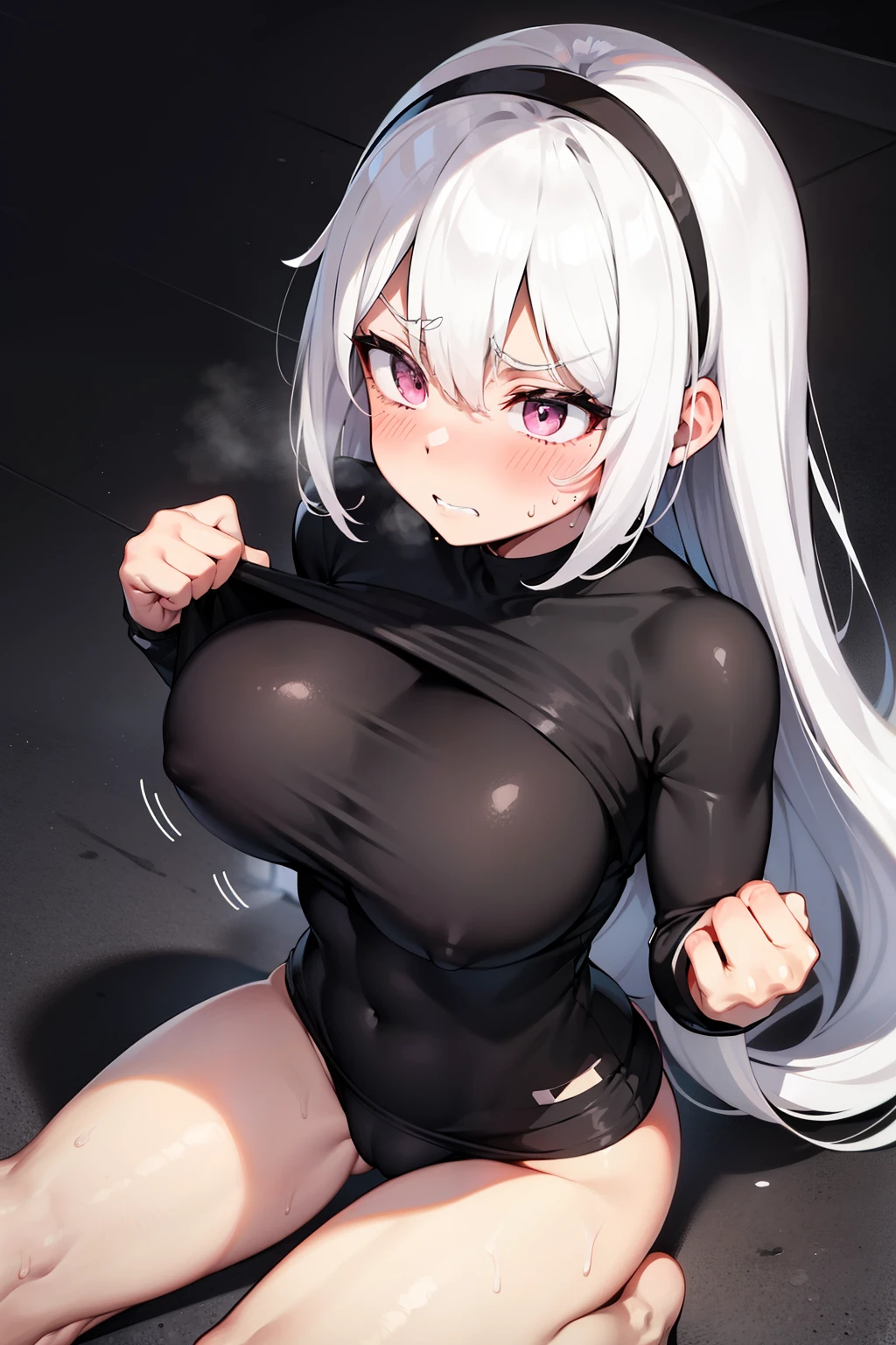 gym, Exercise, workout, hot, sweating, sweaty, big , raise, yogapants, black yogapants flustered, blush, black clothing, browse, White hair, long hair, yogapants, pink headband , sexy body, slender body, raise, heavy raise, trying to lift heavy weights, clenched teeth, heavy raise, White hair,