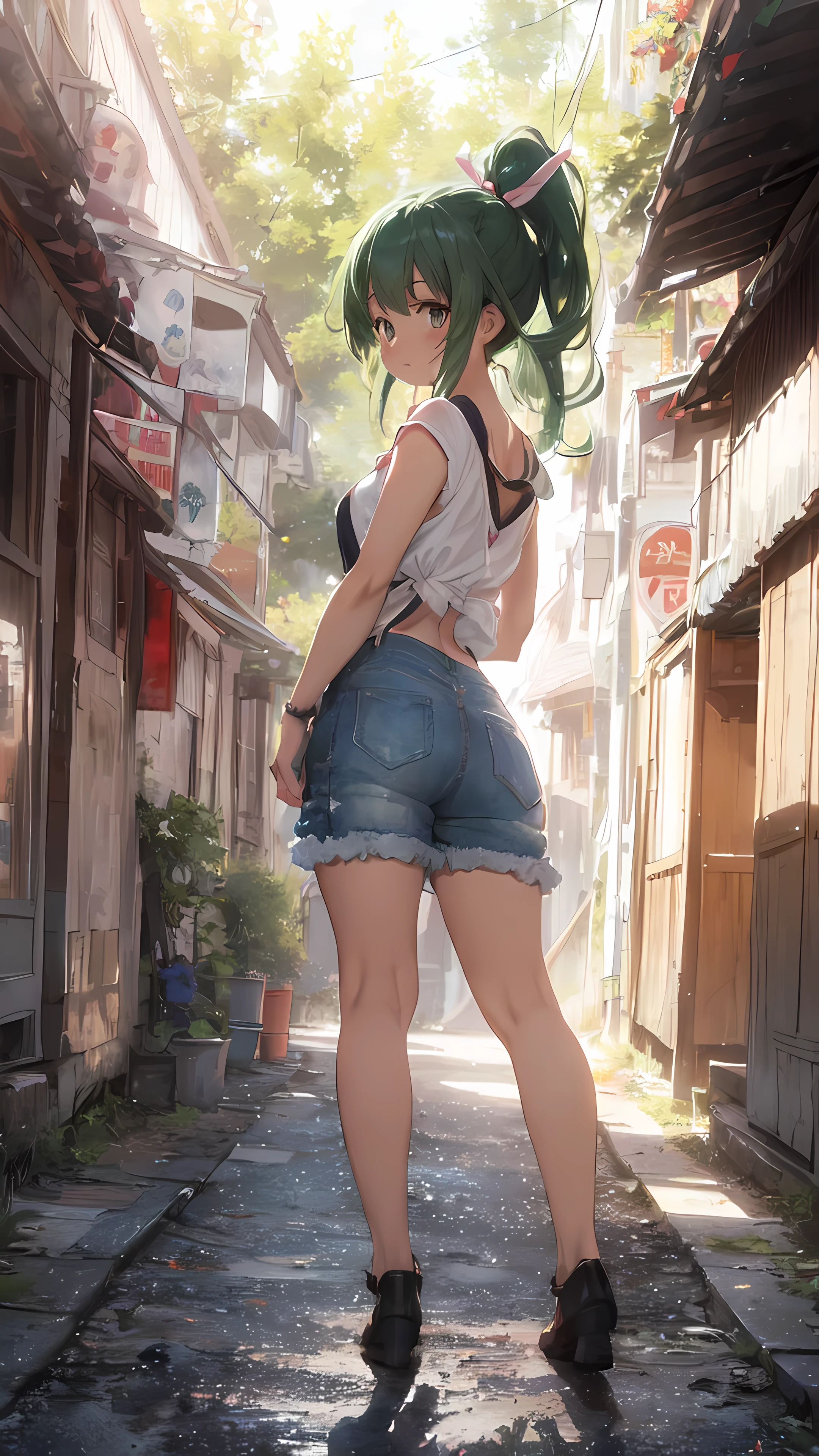 (((On the slope of the cityscape、(back view)、turn around、one girl、(Cute girl wearing a chiffon blouse、The white sleeves are transparent、The body part is black、long skirt of black color、Skirt fluttering in the wind、Pretty buttocks、No panties、hip line)、、shyness)))、smooth translucent white skin、 ((best quality, muste piece, High resolution:1.2), Super detailed, (Reality:1.37), vividness and color, ticker, studio lighting, Tits sharp focus,Physically based rendering、8K image wallpaper)、(very delicate and beautiful)、(masterpiece)、(highest quality:1.0)、(超High resolution:1.0)、(Precise human body structure)、(complete limbs)、(腕は2Book)、(脚は2Book)、(full finger)、(The fingers are５Book)、(slender beauty)、(Not muscular)、(((((Expressive Ace Perfect、girls dragon ball bloomers、 ribbon lay hair ponytail、green hair、Not Moriman)))、excitement、(blush:1.3)、peaceful scenery、serene landscape、beautiful scenery、stunning landscape、Perfect View