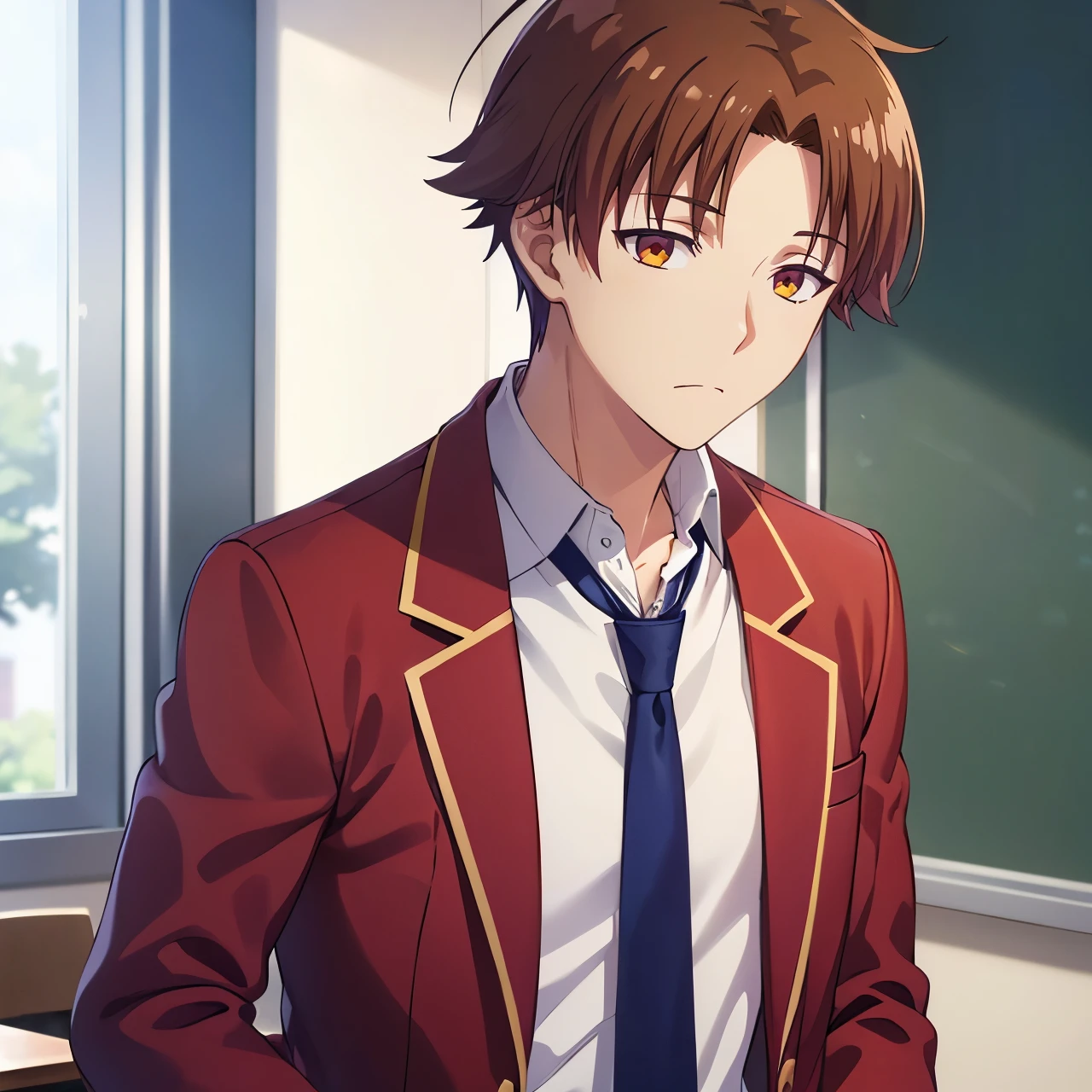 1boy, kiyotaka ayanokoji, brown eyes, white shirt, red blazer, blue necktie, green pants, hand in pocket, photography, hdr, classroom, chalkboard, 