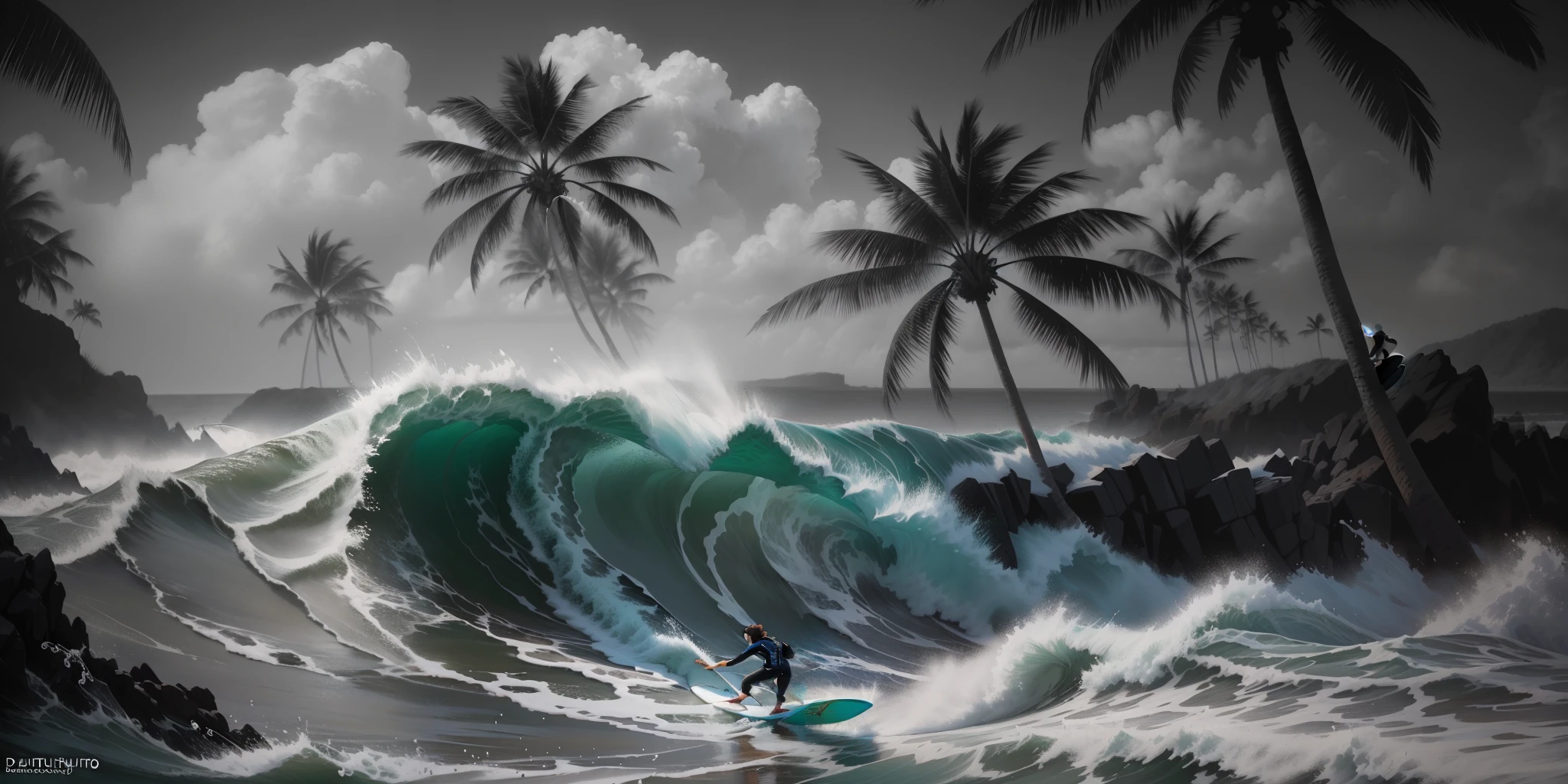 beautiful detailed Surfer riding a wave in the sea near a beach, Rob Rey und Kentaro Miura-Stil, Rob Rey and Kentarõ Miura style, von Max Dauthendey, in style of Steve Henderson, von Jeremy Chong, von Sun Kehong, Rob Rey and Kentarõ Miura, inspiriert von Rudy Siswanto, Steve Henderson, Black and white photography