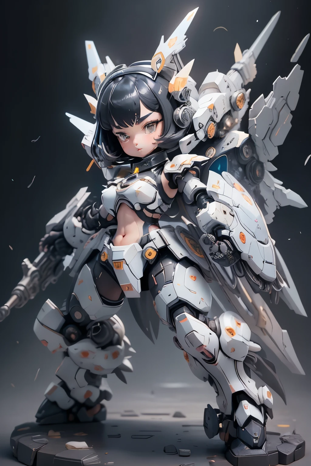 plastic an 00d, 1 girl, Little, Dopamine Color Matching, Double Diamond, white theme, Luxurious fabrics, dither, far-reaching, She is fused with futuristic Gundam mecha, Gundam style, with headgear, with v-fin , visible cleavage, visible stomach, visible waist,, armored shoulders,armored under arms, armored under legs, 2 thruster modules attached on back, holding weapon, holding huge weapon, holding Very large shield, (battle pose:1.5),(bob cut:1.3), black hair, thick eyebrows, light colored iris, big, shining black eyes, long eyelashes, small, pale natural lips, (Average face of Japanese idols), wide forehead:1.2, plump cheeks, small chin, visible side boob, ruined city、
