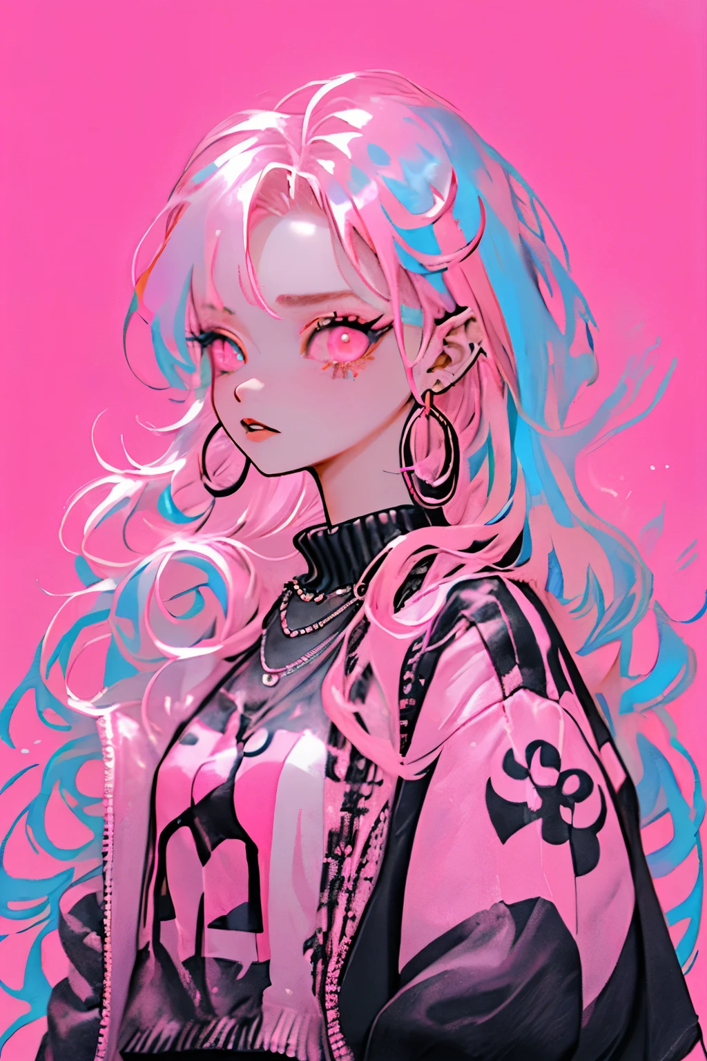 Niji Style, 1girl, solo, long hair, looking at viewer, eye glowing background, jewelry, closed mouth, jacket, upper body, pink hair, earrings, pink eyes, necklace, from side, sweater, lips, eyelashes, makeup, wavy hair, piercing, cross, lipstick, ear piercing, eyeshadow, hoop earrings, pink lips, multicolored eyes, pink theme, , pink eyeshadow, tattoos, chess style 
