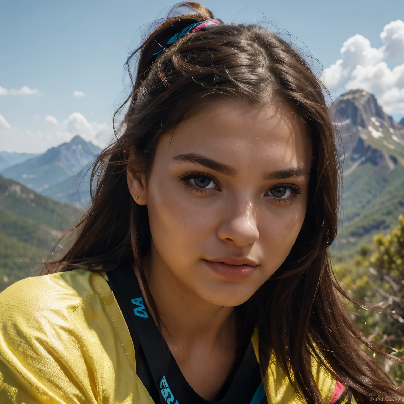 (brazilian,20 years old,Alessandra Lopez), blue eyes,dark long brown hair, ponytail hair, full lips, seductive,portrait,realistic,highres,(vivid colors:1.1),(ultra-detailed:1.2),(studio lighting:1.1),(sharp focus:1.1), sexy, Hiking gear in front of a breathtaking mountain view, triumphant expression.