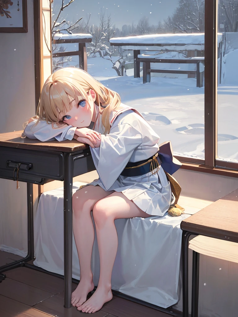photo realistic, (masterpiece,best quality:1.4),(8k,raw photo,photo realistic:1.2),Not Safe for Work, detailed skin,detailed face,1girl,Japanese princess, cute face, super resolution,retro realistic details Illustration,,{{{elaborate, intricately,fantastic,delicately,tremendous,meticulous,minute,incredibly,obsessed,artisan's,subtle,virtuoso,skillful,vibrant, vivid, complex}}}, clearly focus edge, fresh natural gradation, best quality, amazing quality, very aesthetic, absurdres, (((face focus))), (head rest), ((one girl sitting in her room gaze out the window on snow day)), nostalgic,
(((Winter Japanese clothes))), frilled Mini skirt, (a teenage girl:1.3),14-yo, (medium breasts:1.25),light smile,(tilted head:2.0),(both elbows on the school desk:1.6),(put chin on own both hands:1.6),(wearing white school shirt:1.1),(looking at viewer:1.5),(closeup to viewer:1.5), medium bob, (blonde hair), ((wavy hair)), shimmering eyes, Blue eyes, long hair, , beautiful hands, neck ribbon, baby face, twinkle in the eye, braided bangs,
((bedroom)), ((pastelcolour)), imagination, (((snow day))),