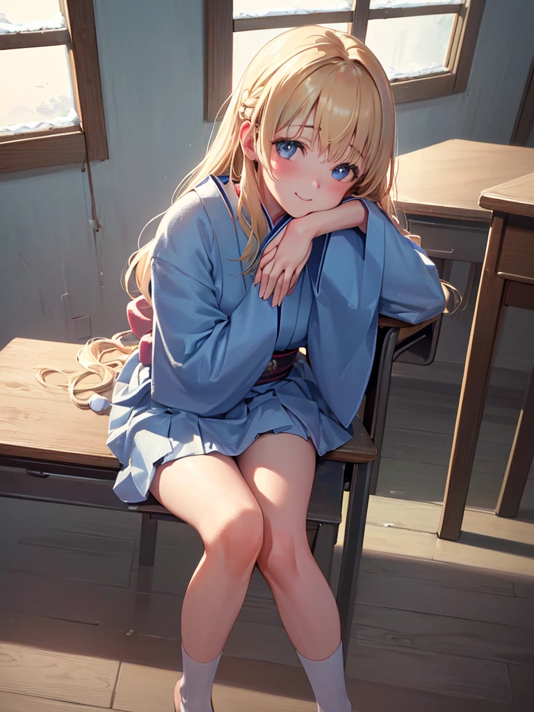 photo realistic, (masterpiece,best quality:1.4),(8k,raw photo,photo realistic:1.2),Not Safe for Work, detailed skin,detailed face,1girl,Japanese princess, cute face, super resolution,retro realistic details Illustration,,{{{elaborate, intricately,fantastic,delicately,tremendous,meticulous,minute,incredibly,obsessed,artisan's,subtle,virtuoso,skillful,vibrant, vivid, complex}}}, clearly focus edge, fresh natural gradation, best quality, amazing quality, very aesthetic, absurdres, (((face focus))), (head rest), ((one girl sitting in her room gaze out the window on snow day)), nostalgic,
(((Winter Japanese clothes))), frilled Mini skirt, (a teenage girl:1.3),14-yo, (medium breasts:1.25),light smile,(tilted head:2.0),(both elbows on the school desk:1.6),(put chin on own both hands:1.6),(wearing white school shirt:1.1),(looking at viewer:1.5),(closeup to viewer:1.5), medium bob, (blonde hair), ((wavy hair)), shimmering eyes, Blue eyes, long hair, , beautiful hands, neck ribbon, baby face, twinkle in the eye, braided bangs,
((bedroom)), ((pastelcolour)), imagination, (((snow day))),