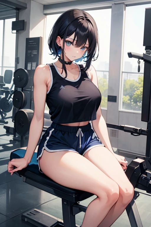 Black hair, large breasts, sexy, gym uniform