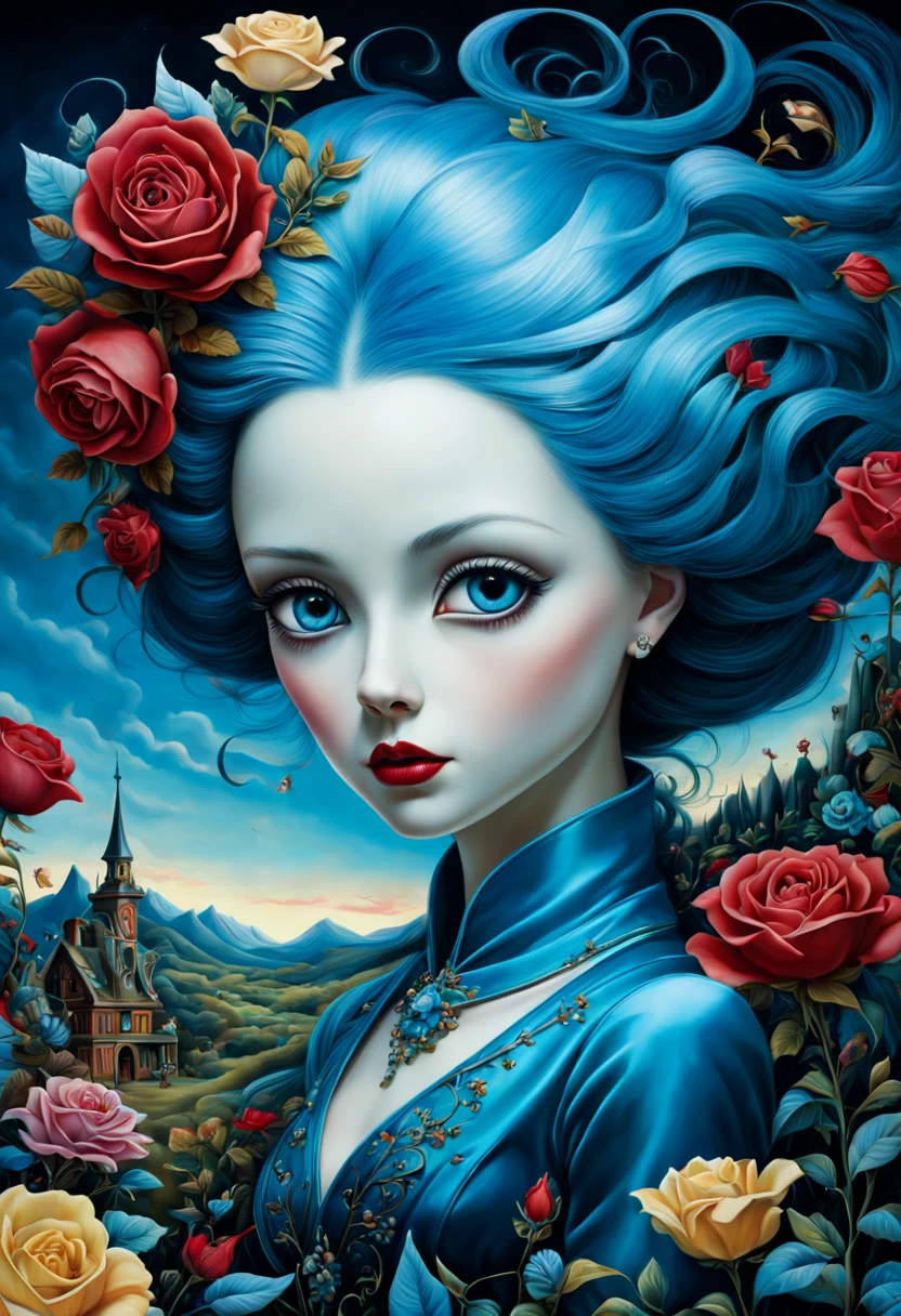 benjamin lacombe, Anne Sultan, Andy Keeho, Kincaid and Kandinsky, Ghost town full of ghosts, beautiful eyes, Magical land, night, rose and wildflower garden, high detail, Complicated, beautiful sky, Volumetric light, 8k, Mute Color, Vibrant triadic colors, bright and crisp, aldorf guard blue, barbados blue, Sensitivity, Rhapsody in blue and bleached silk, Popular topics on Artstation, sharp focus, Studio photos, intricate details, Very detailed, author:Mark Leyden, Popular topics on Artstation, sharp focus, Studio photos, intricate details, Very detailed, (((author:Mark Leyden)))