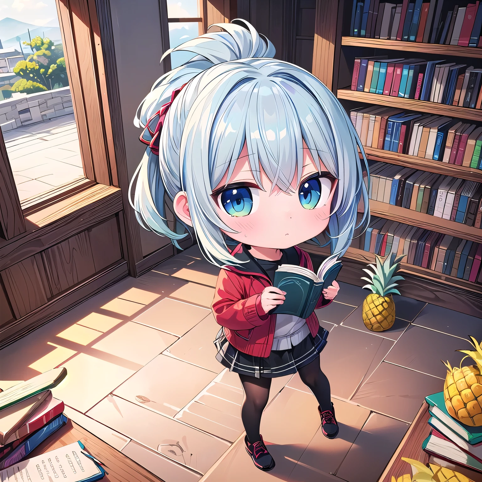 ((Chibi,Pineapple, 1 girl: 1.3)), (Masterpiece, almond-shaped eyes, glossy white-blue hair, short chignon hair, top quality, meticulously drawn limbs Fingertips, smooth and beautiful skin,warm clothes,warm skirt,black tights,from above,full body: 1.2), (A tasteful painting hand-drawn with colored pencils:1.3),(red cheeks,Indifferent, expressionless,front view: 1.2), (holding books,Hair blowing in the wind, skylight,pineapple library:1.3)