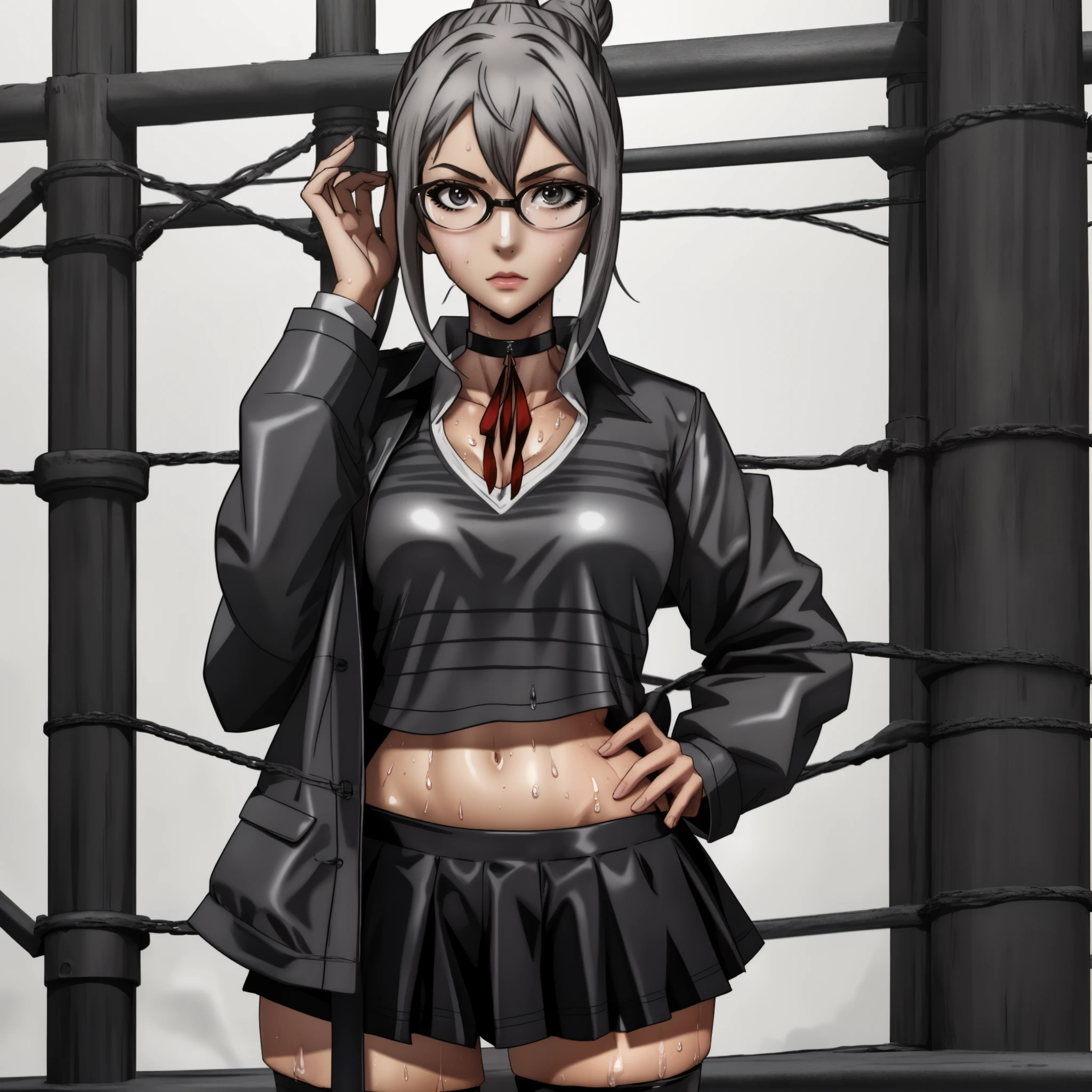 Manga sketch, 1girl as shiraki meiko,hair bun, glasses,, black thighhighs, prisoner clothes, knee boots, ribbon choker, (sweat droplet over body), midriff, detailed eyes, detailed face, detailed skin,mature body, tall body,seductive body,medium big breast, medium thigh, lines, contrast, monochrome, hatch, greyscale