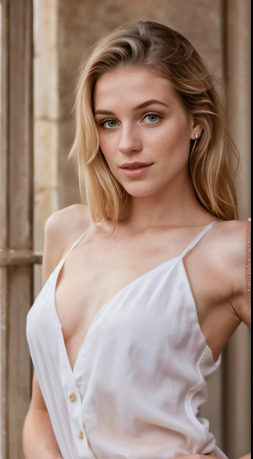 23-year-old woman, blonde hair, natural-looking eyes, (best quality, realistic, high resolution: 1.2), in a half-body pose donning modern romantic attire. Emphasize soft fabrics, delicate details, and discreetly position the hands. Highlight her captivating allure and light freckles on the face. Set against a simple, romantic backdrop to enhance the modern romantic theme.