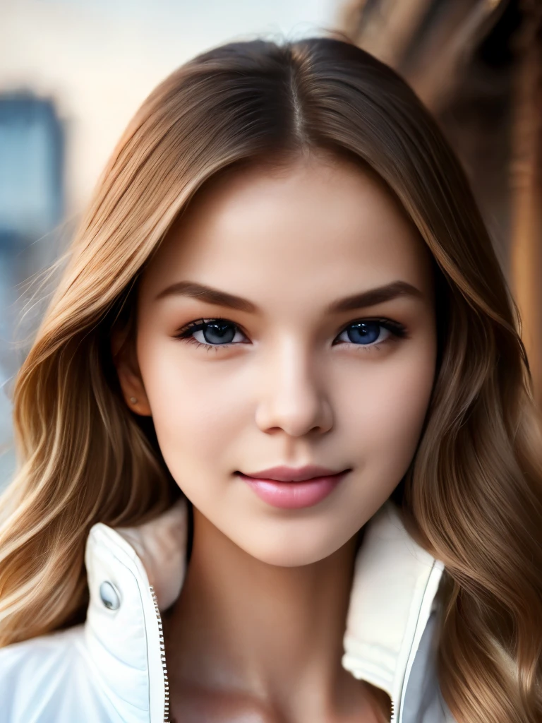 1girl, white jacket, RAW photo, best quality, realistic, photo-realistic, masterpiece, an extremely delicate and beautiful, extremely detailed, Amazing, finely detail, ultra-detailed, highres, soft light, beautiful detailed blond girl, extremely detailed eyes and face, beautiful detailed nose, beautiful detailed eyes, cinematic lighting, in the city, perfect anatomy,slender body, gently smile, Friendly, warm, looking at viewer, wavy long brown hair, brown eyes, dynamic posing,   