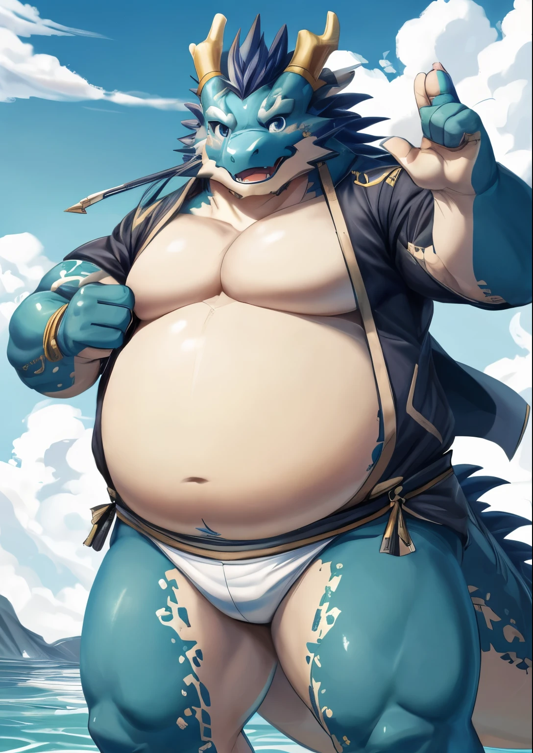 blue genitalia，solo，male people，chubbiness，small fat，Bare-chested，victory pose， solo， Detailed pubic hair， A high resolution，， tmasterpiece，Excessive obesity，Obesity in the extremities，Lift your feet，foot in the air，Correct body proportions，overweight，男子气概，oumi，Tatsuki，qinglong，巨龙的脚，龙爪子