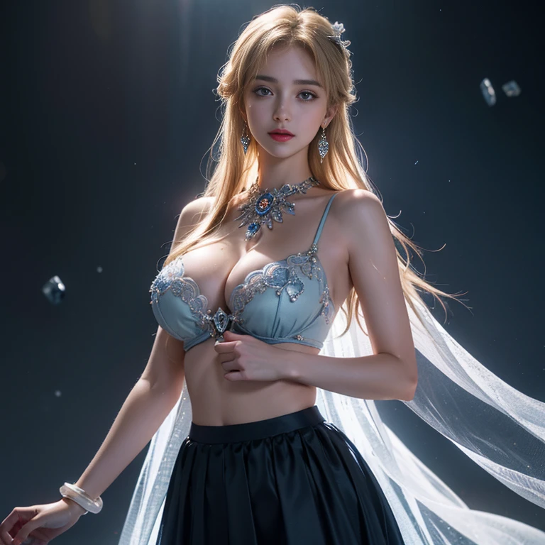 masterpiece,Highest image quality,Super details,best quality ,extremely delicate and beautiful, Very detailed,best quality, official art, Extremely detailed CG unified 8k wallpaper, Ana de Armas portrait photo, Blonde hair with black pupils,shiny skin, (beautiful eyes:1.1), beautiful skin, big watery eyes,(detailed lighting:1.2), (Beautiful and detailed light:1.3),The noble goddess wearing a dark blue ice crystal hollow and transparent holy garment,Intricate details of the deep blue ice crystal sacred robe,Gorgeous and complex hollow ultra-thin dark blue ice crystal long skirt,Beautiful udder, The most perfect breast shape,firm breast,Deep cleavage,Naked of breast,complex, digital drawing, Smooth, sharp focus, end of the world, epic reality, (high dynamic range:1.4), (pastel colors:1.4), Revelation,Bright colors, screen space refraction, (intricate details, Super detailed:1.3), art station, lens, complex background, buliding,beautiful smile,The most beautiful look,Dreamcatcher earrings,The best look,The noble, beautiful and dignified dark blue ice crystal goddess,Garland of flowers,