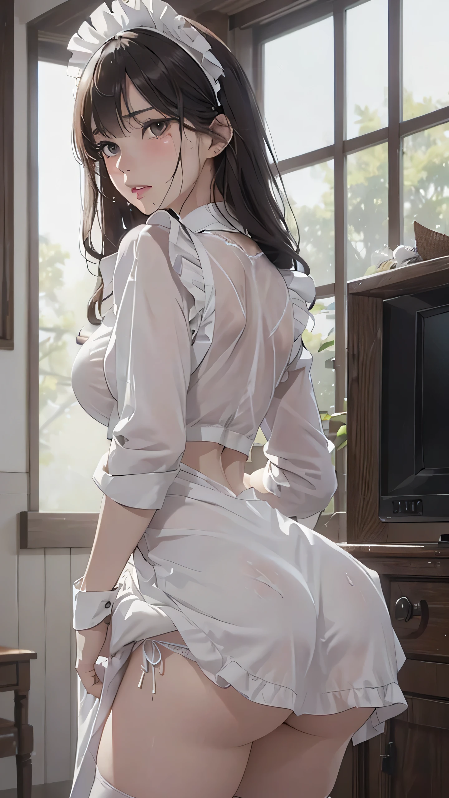 (pieces fly: 1.3), (maximum resolution: 1.2), (ultra high definition tv: 1.2), cinema light, 8K resolution, fine eyes and skin, detailed faceの特徴, , (sharp focus on breasts: 1.2）, (The focus is on the face:1.2),perfect style, cute face, Accurate, anatomically correct, Highly detailed face and skin texture, fine eyes, double eyelid, thin eyebrows, glitter eyeliner: 1 natural cheek, shiny skin, Fair skin, Glossy skin: 1.2, (glossy lips: 1.4),、 (embarrassed look: 1.2),20 year old woman, (detailed face:1.2), (highest quality:1.2), Retrospective shot of rear loam、angle from below, Low - Angle, from behind, cinematic lighting, perfect style, beautiful face,  (skirt lift:1.4), loose and wrinkled white panties, stockings, blush、humiliation、impatience、glare、tears、embarrassing、surprised expression、anger expression、 (Maid clothes:1.5),full of sweat、silver hair、green ash eye、Retrospective shot of rear loam、Low - Angleから、soaking wet、Overflowing sperm、Sperm in the ass、sperm on thigh、flowing sperm(fascinating butt:1.2),、exposed panties、disheveled clothes、exposed chest、long hair、