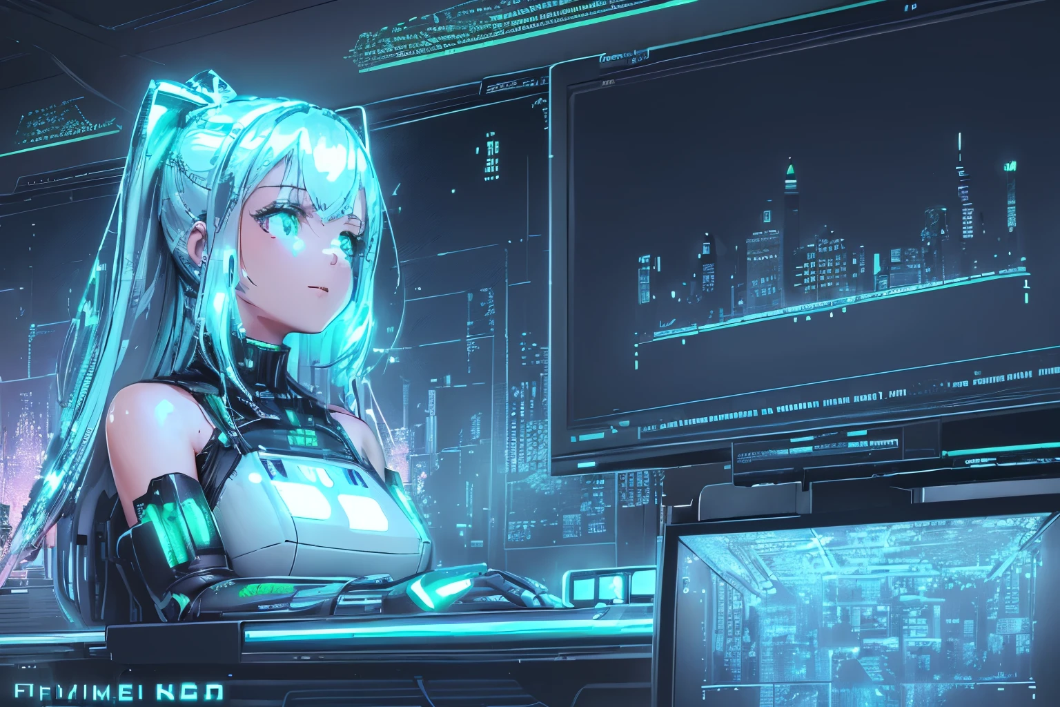 ((Melhor qualidade)), ((Obra de arte:1.2)), ((Altamente detalhado:1.3)), 3D,
Lindo (Ciberpunk:1.3) mulher hacker com cabelo grosso e volumoso,
trabalhando em um terminal de computador,
(Natural light filtering in from the window),
(Neon lights from the cityscape reflecting on the wall),
(Realistic textures and shadows),
((Glowing pixels on the computer screen:1.5)),
((Metallic surface of the terminal:1.4)),
((Geeky and stylish fashion sense: