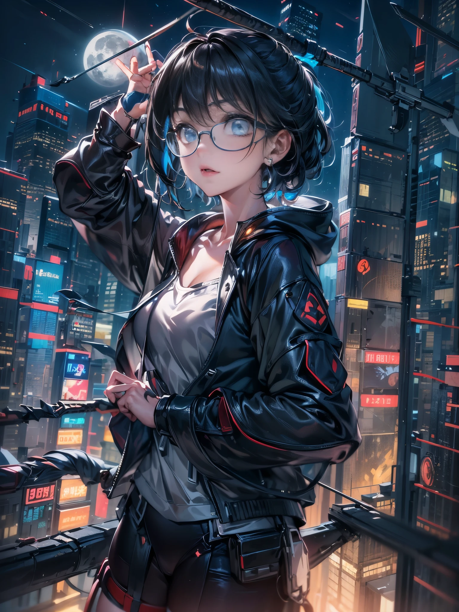 cinematic lighting,super dense skin、Beautiful quality with attention to detail,perfect anatomy,(replace、dim color, pleasant tone:1.3),(Detailed beautiful facial features、black short hair、Glasses、blue eyes:1.3)体がメカニックデザインGlasses娘、 sly way of laughing（girl with a weapon、highly detailed hands:1.2）Buildings in a big city at night、roof of the building、skyscraper、Equip your weapons（Highly detailed feet:1.3）、dynamism（deep at night、shining moon、beautiful night:1.5）Glasses娘、whole body