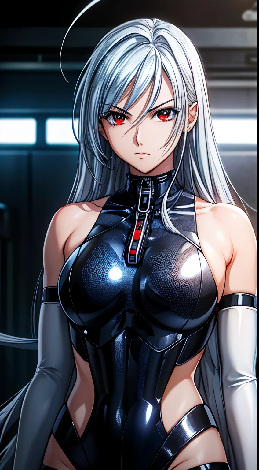 top-quality、​masterpiece、超A high resolution、(Photorealsitic:1.4)、女の子1人、Light blue hair、Straight hair, shiny and clean hair、White shiny skin、Sexy Cyberpunk Girl、((super realistic details))、Shadow、octan render、ultrasharp、hyperdetailed face、Fiberglass、Luminous tube、highly intricate detail、Realistic light、CGSoation Trends、(red eyes with slit pupils)、(Facing the camera)、neon details、Mechanical limbs、Mechanical vertebrae attached to the back、mechanical cervical attaching to neck、Wires and cables connecting to the head、((valkyrie))、((Beam Cannon))、Combat stance、((seductive pose:1.2))、