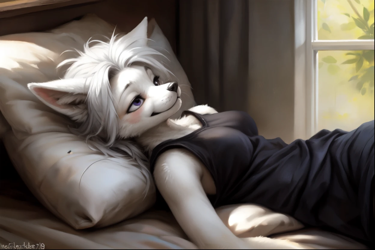 by kenket, by totesfleisch8, (by thebigslick, by silverfox5213:0.8), (by syuro:0.2), white wolf girl, white wolf ears, white furry body, purple eyes, long white hair, hair parted in the middle, messy hair, wearing very loose black pajama shirt,  smiling, sleepy, waking up, lying in a comfy bed, under a blanket,